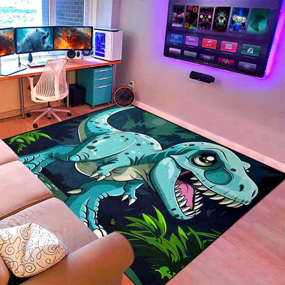 Tropical Jungle Blue Dinosaur Boys Playroom Rug | CozyLil