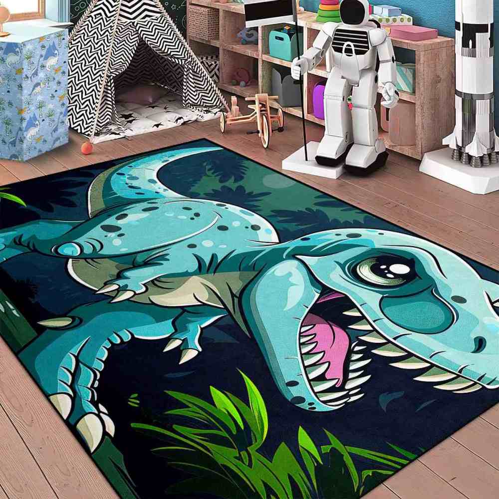 Tropical Jungle Blue Dinosaur Boys Playroom Rug | CozyLil