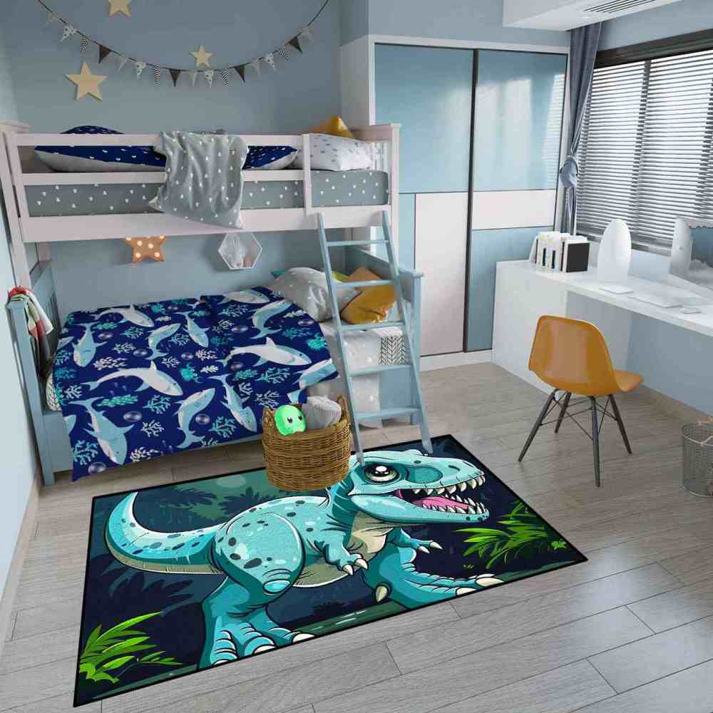 Tropical Jungle Blue Dinosaur Boys Playroom Rug | CozyLil