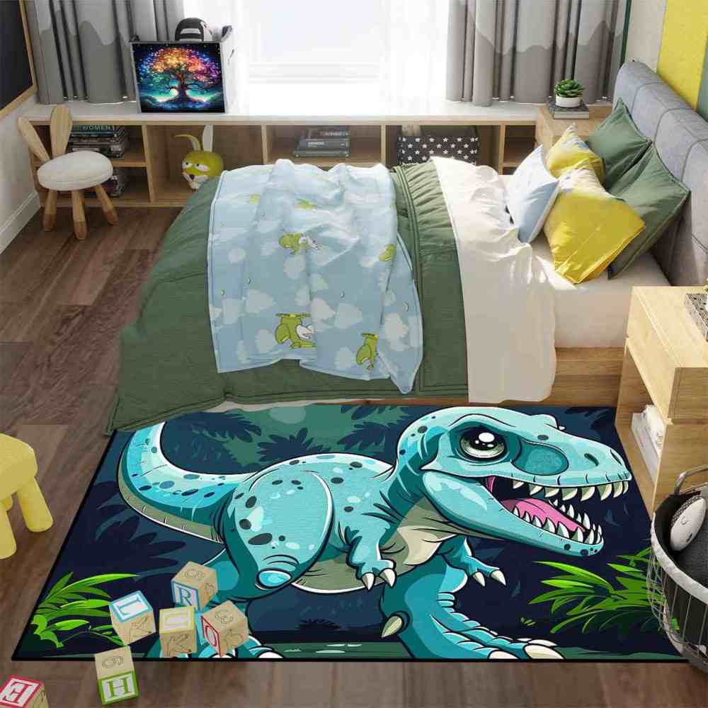 Tropical Jungle Blue Dinosaur Boys Playroom Rug | CozyLil