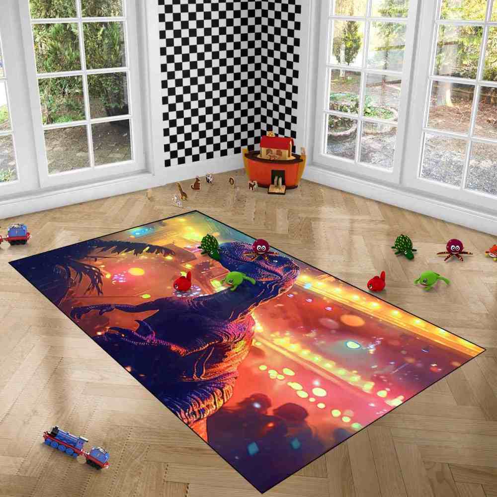 Urban Sunset Silhouette Dinosaur Bedroom Rug | CozyLil
