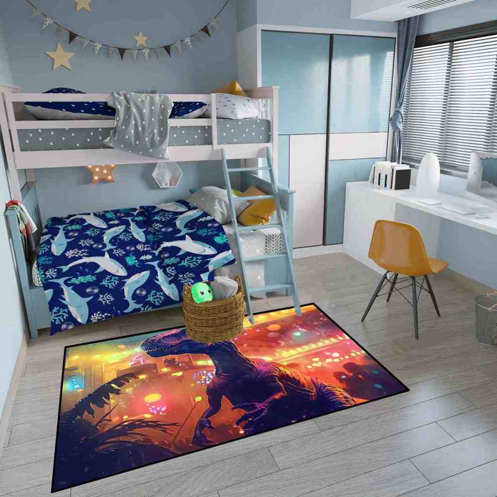 Urban Sunset Silhouette Dinosaur Bedroom Rug | CozyLil
