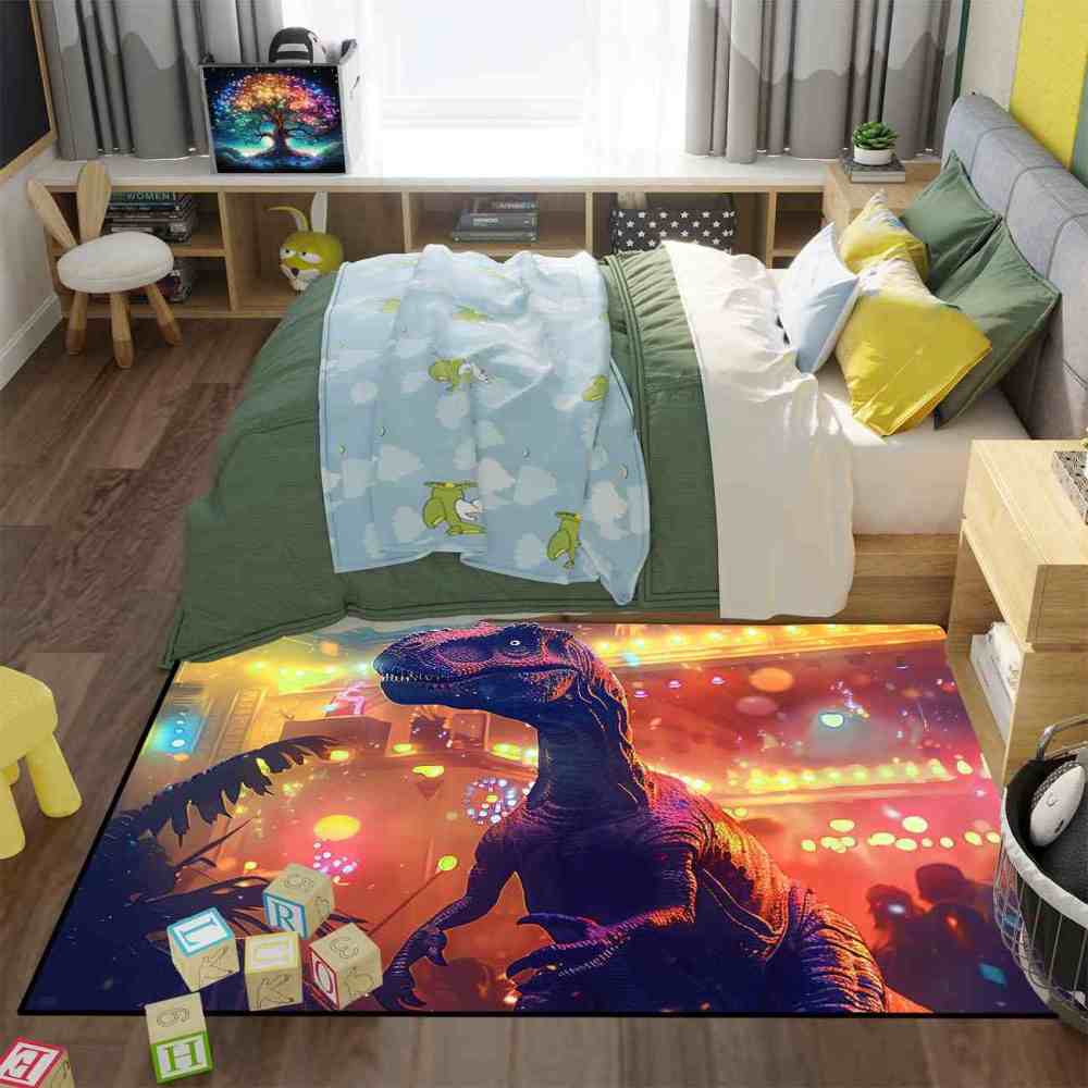 Urban Sunset Silhouette Dinosaur Bedroom Rug | CozyLil