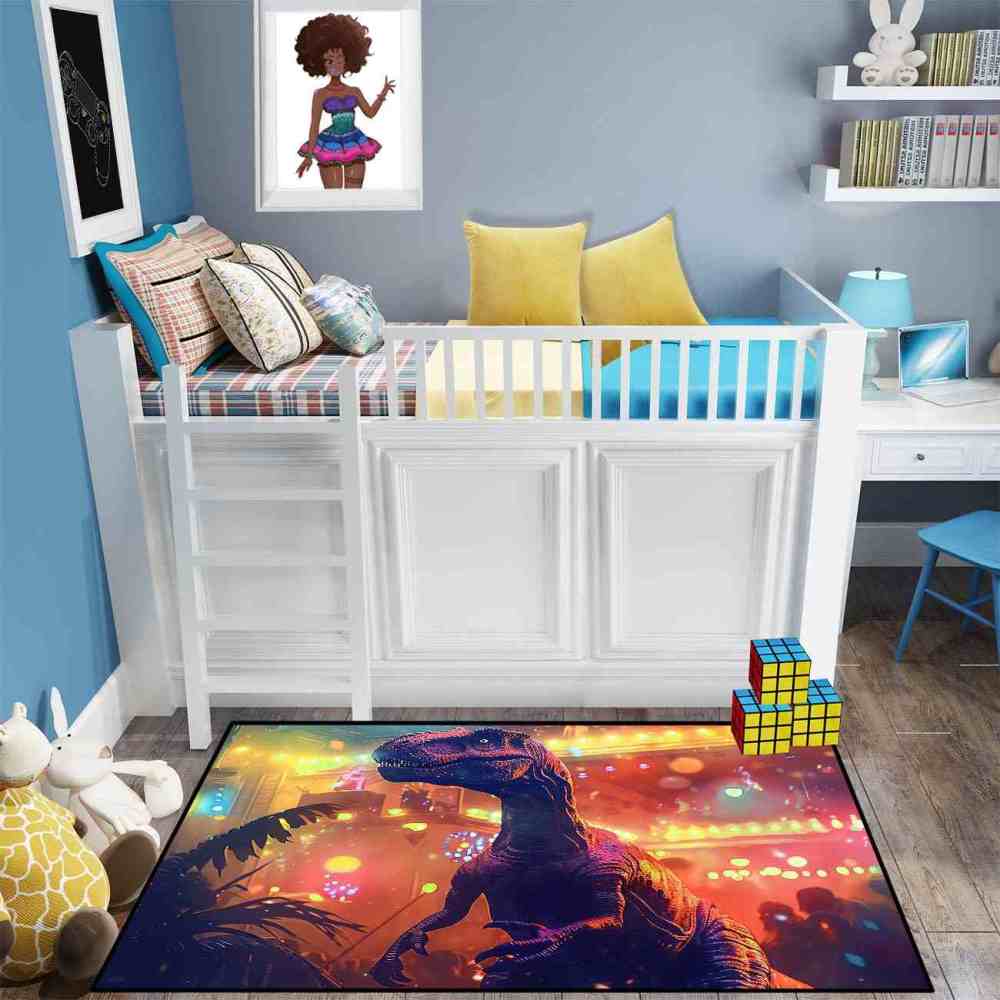 Urban Sunset Silhouette Dinosaur Bedroom Rug | CozyLil