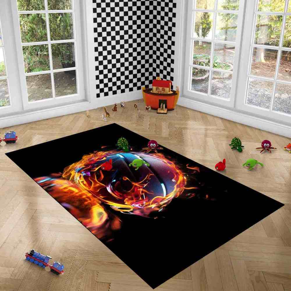 Flaming Purple Blue Basketball Teen Boys Bedroom Rug | CozyLil