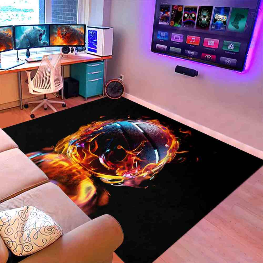 Flaming Purple Blue Basketball Teen Boys Bedroom Rug | CozyLil