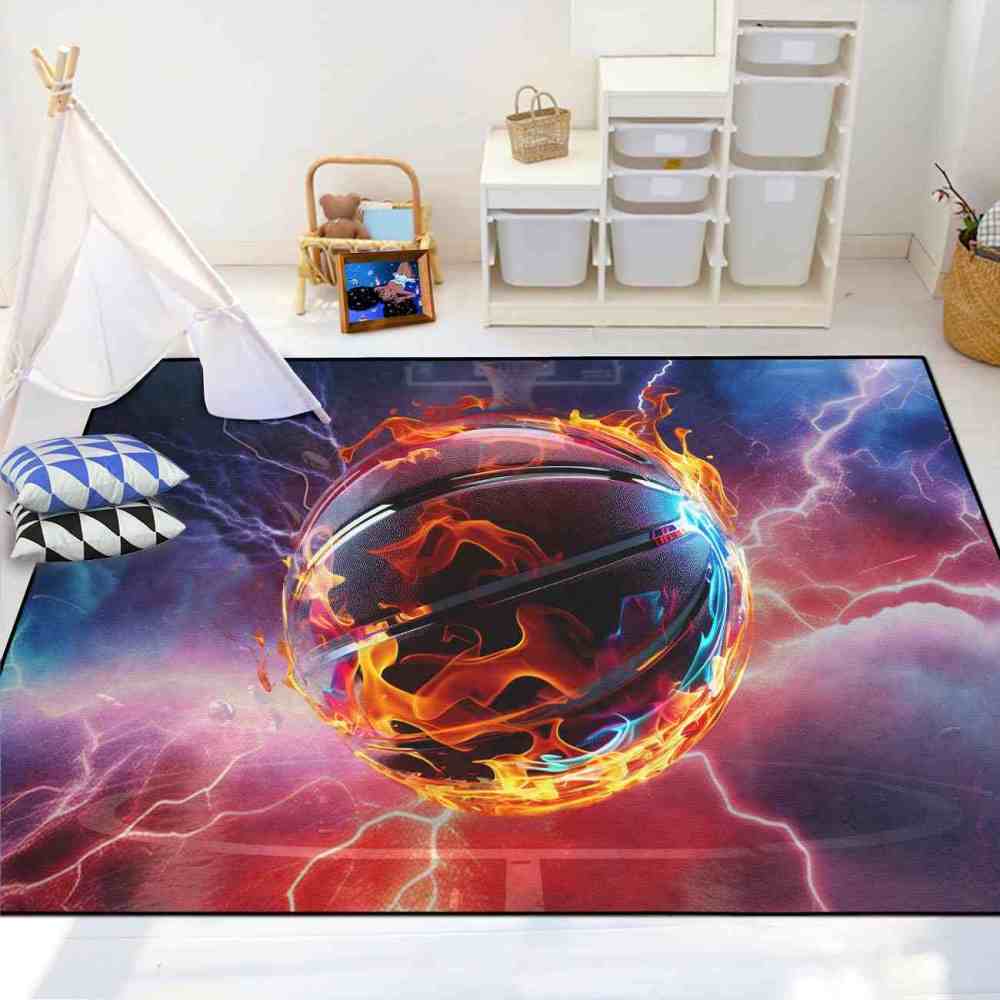Lightning Strike Flame Basketball Boys Bedroom Rug | CozyLil