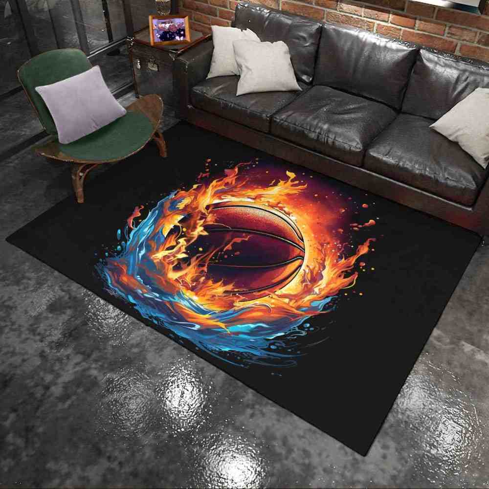 Fire & Water Basketball Print Kids Playroom Rug Upgrade Ultra Non-Slip Backing | CozyLil