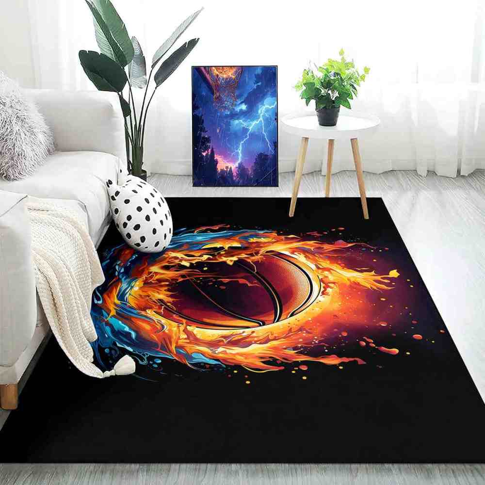 Fire & Water Basketball Print Kids Playroom Rug Upgrade Ultra Non-Slip Backing | CozyLil