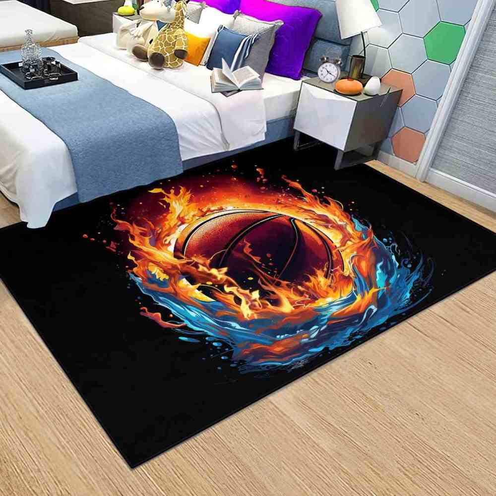 Fire & Water Basketball Print Kids Playroom Rug Upgrade Ultra Non-Slip Backing | CozyLil