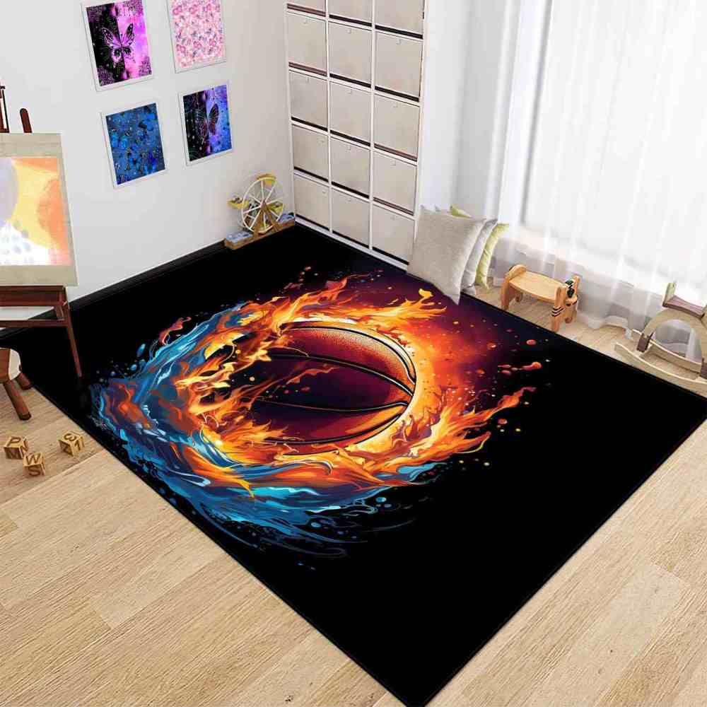 Fire & Water Basketball Print Kids Playroom Rug Upgrade Ultra Non-Slip Backing | CozyLil