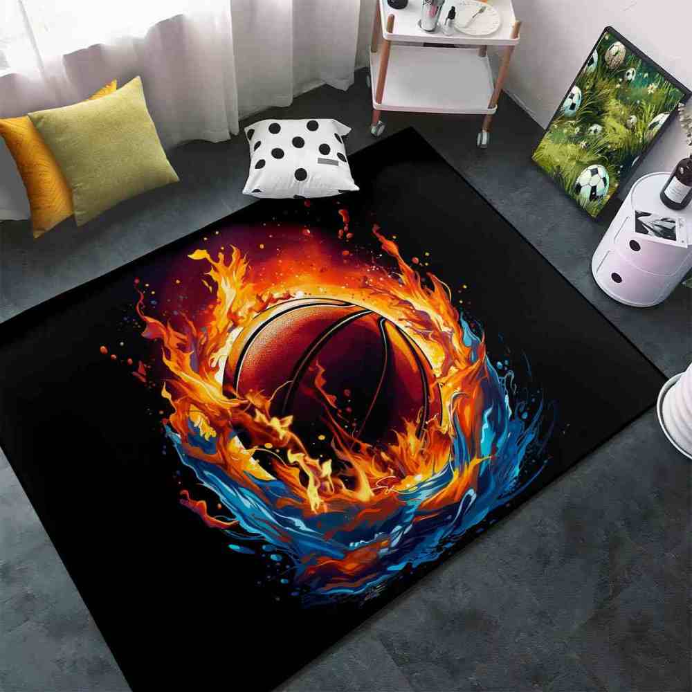 Fire & Water Basketball Print Kids Playroom Rug Upgrade Ultra Non-Slip Backing | CozyLil
