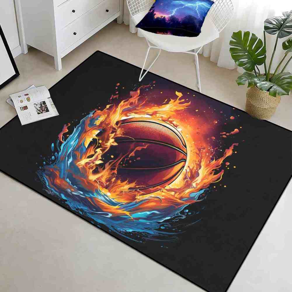 Fire & Water Basketball Print Kids Playroom Rug Upgrade Ultra Non-Slip Backing | CozyLil