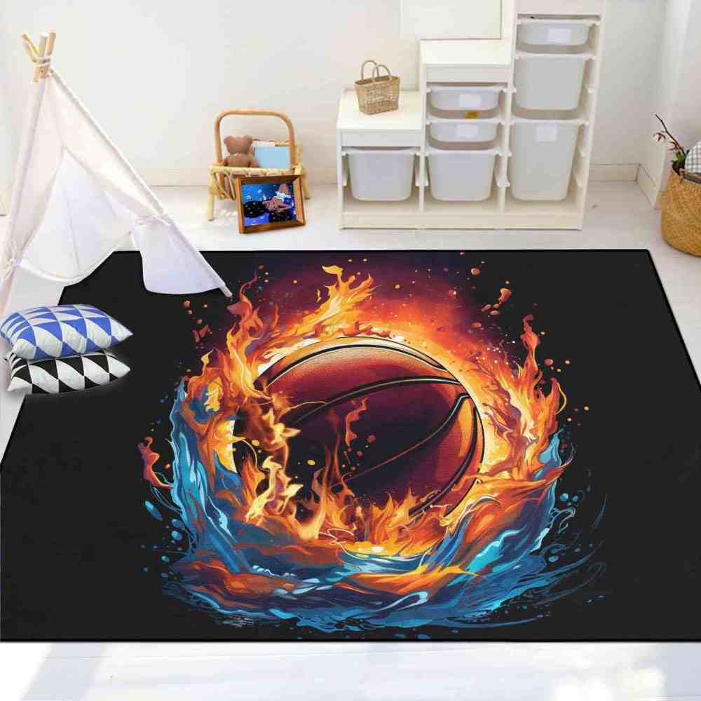 Fire & Water Basketball Print Kids Playroom Rug Upgrade Ultra Non-Slip Backing | CozyLil