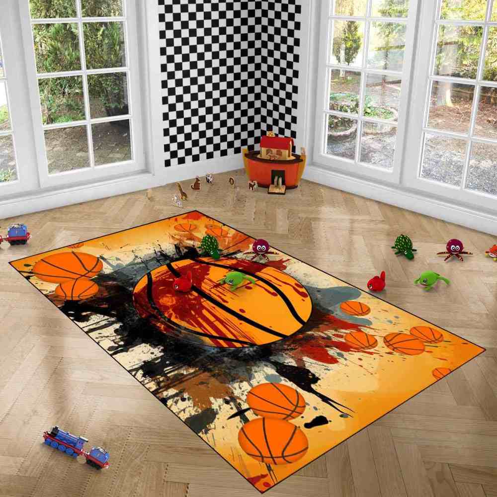Abstract Multi-Basketball Comic Style Toddler Room Rug Upgrade Ultra Non-Slip Backing | CozyLil