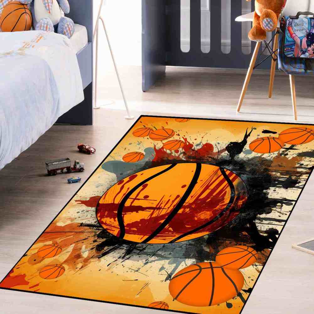 Abstract Multi-Basketball Comic Style Toddler Room Rug Upgrade Ultra Non-Slip Backing | CozyLil