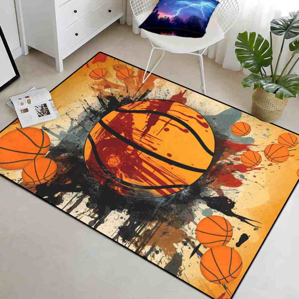Abstract Multi-Basketball Comic Style Toddler Room Rug Upgrade Ultra Non-Slip Backing | CozyLil