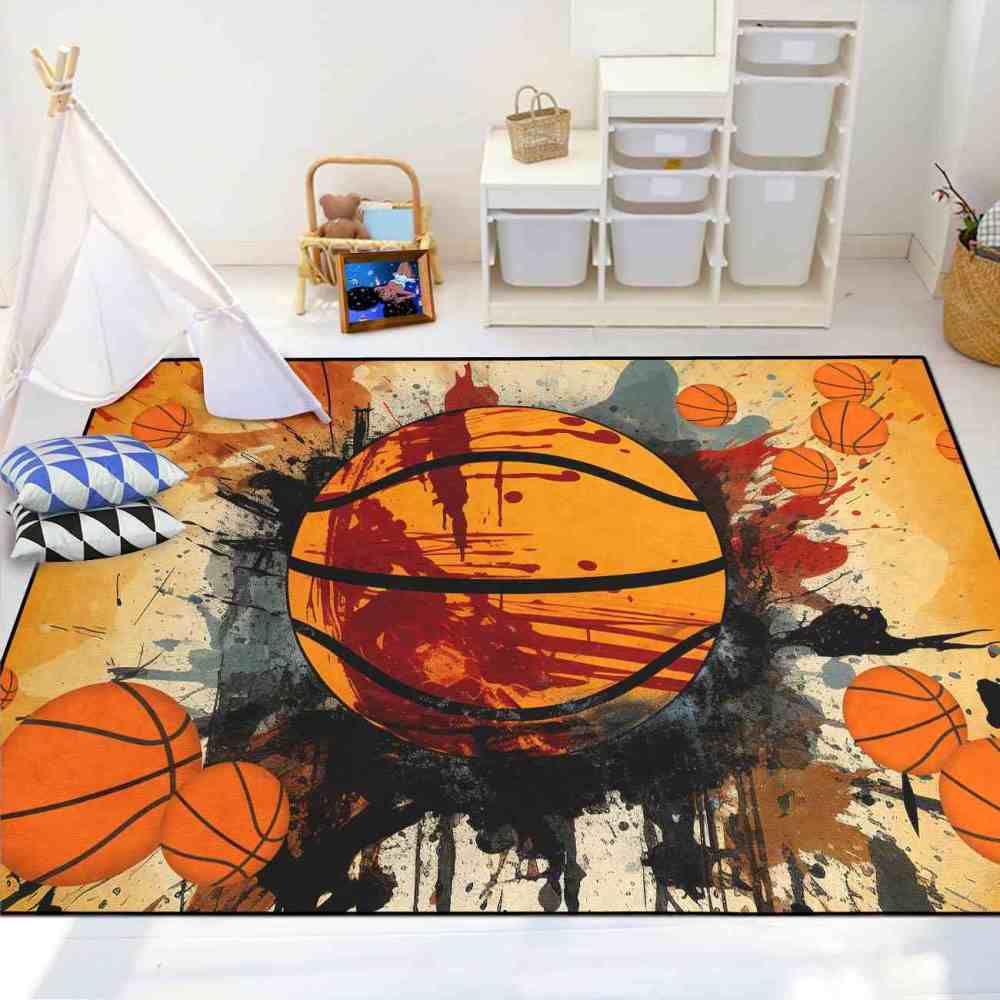 Abstract Multi-Basketball Comic Style Toddler Room Rug Upgrade Ultra Non-Slip Backing | CozyLil