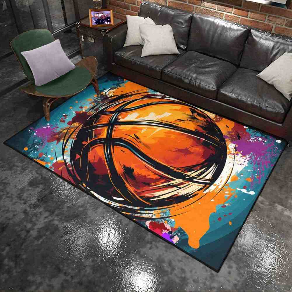 Vibrant Teal & Orange Brushstroke Basketball Area Rug Upgrade Ultra Non-Slip Backing | CozyLil