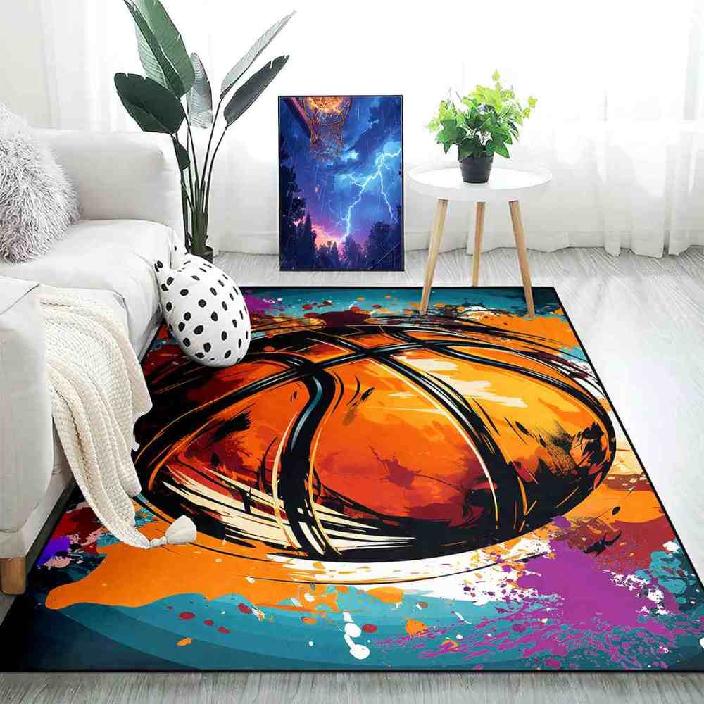 Vibrant Teal & Orange Brushstroke Basketball Area Rug Upgrade Ultra Non-Slip Backing | CozyLil