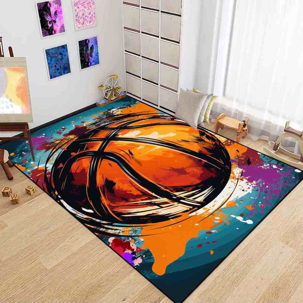 Vibrant Teal & Orange Brushstroke Basketball Area Rug Upgrade Ultra Non-Slip Backing | CozyLil