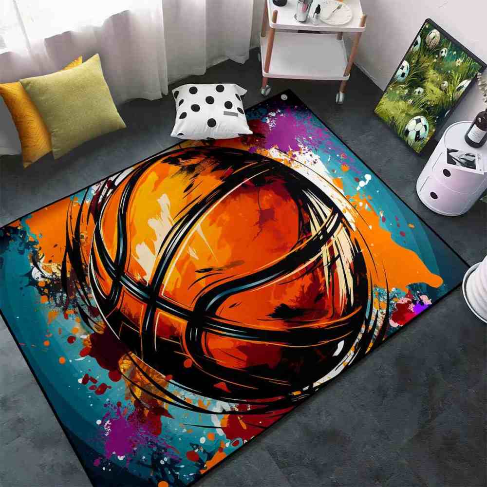 Vibrant Teal & Orange Brushstroke Basketball Area Rug Upgrade Ultra Non-Slip Backing | CozyLil