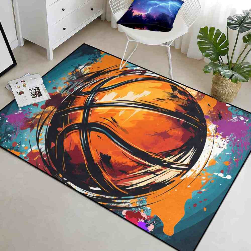 Vibrant Teal & Orange Brushstroke Basketball Area Rug Upgrade Ultra Non-Slip Backing | CozyLil