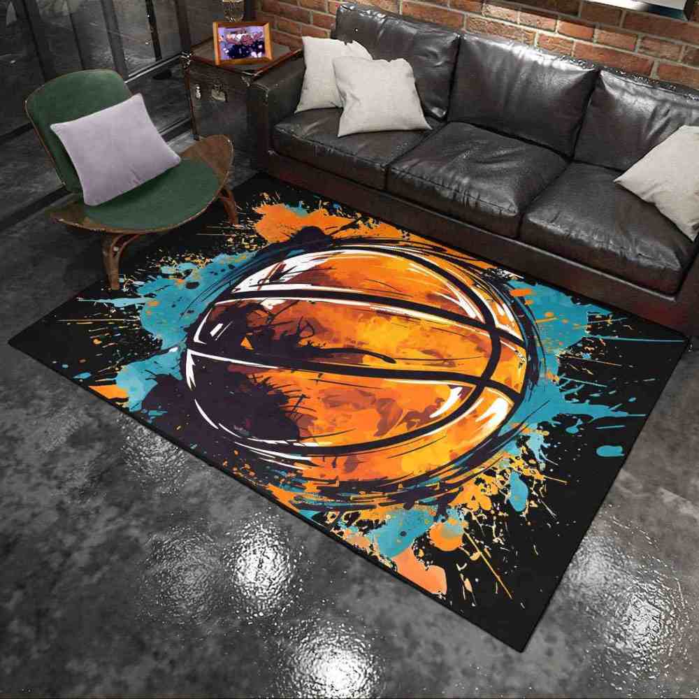Graphic Novel Style Cyan Orange Basketball Playroom Rug Upgrade Ultra Non-Slip Backing | CozyLil