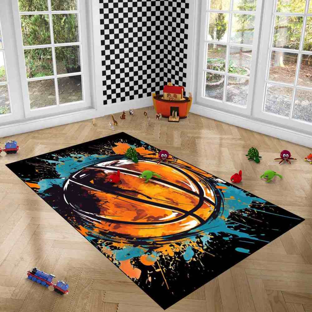 Graphic Novel Style Cyan Orange Basketball Playroom Rug Upgrade Ultra Non-Slip Backing | CozyLil