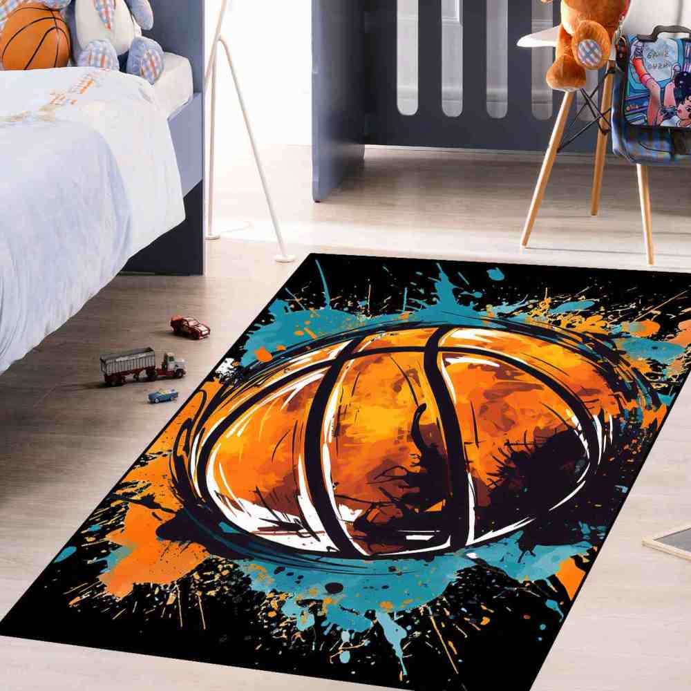 Graphic Novel Style Cyan Orange Basketball Playroom Rug Upgrade Ultra Non-Slip Backing | CozyLil