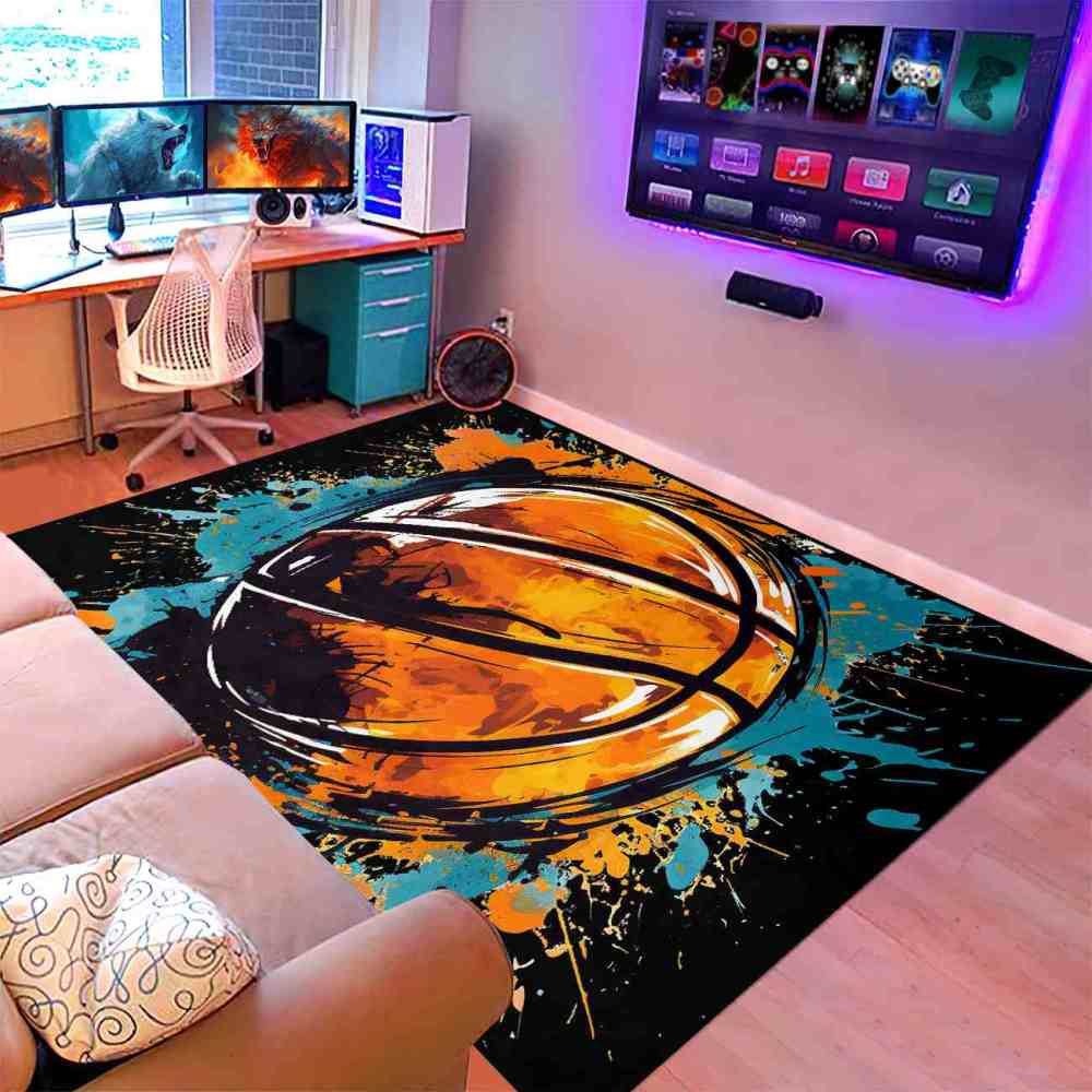 Graphic Novel Style Cyan Orange Basketball Playroom Rug Upgrade Ultra Non-Slip Backing | CozyLil