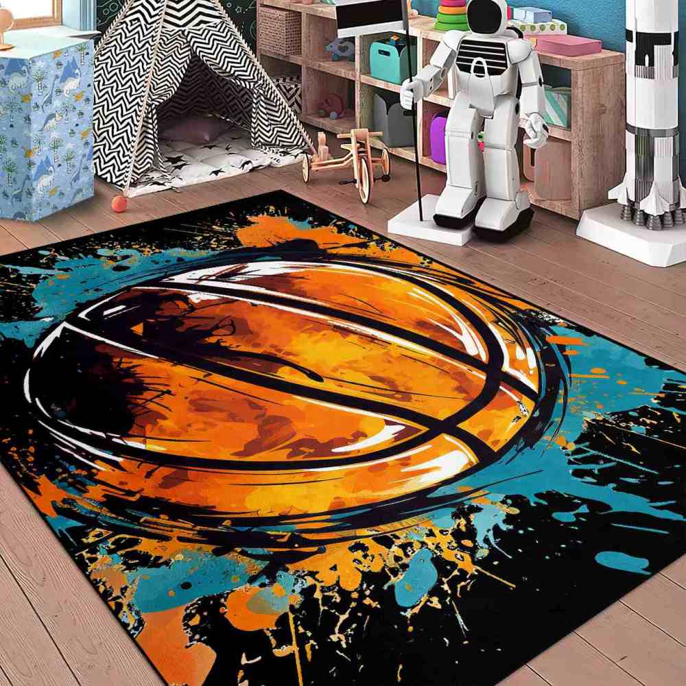 Graphic Novel Style Cyan Orange Basketball Playroom Rug Upgrade Ultra Non-Slip Backing | CozyLil