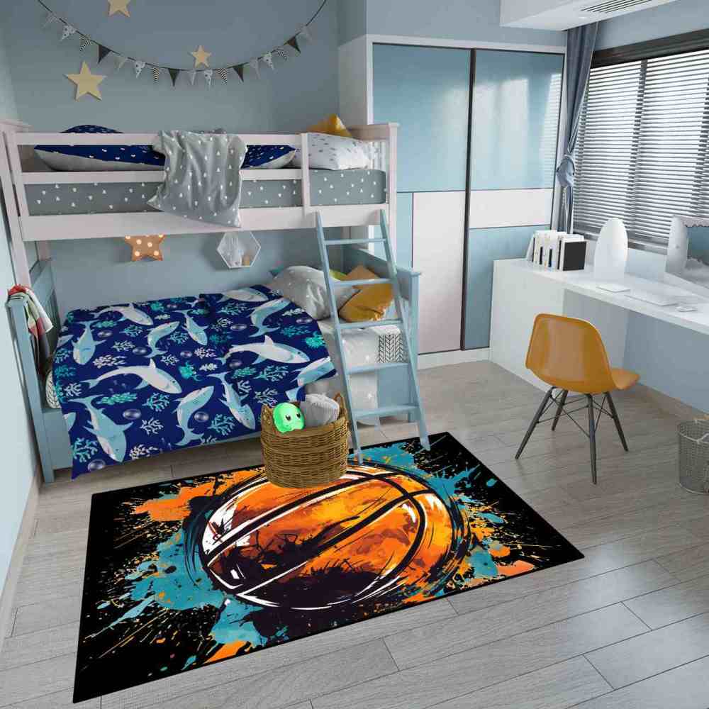 Graphic Novel Style Cyan Orange Basketball Playroom Rug Upgrade Ultra Non-Slip Backing | CozyLil
