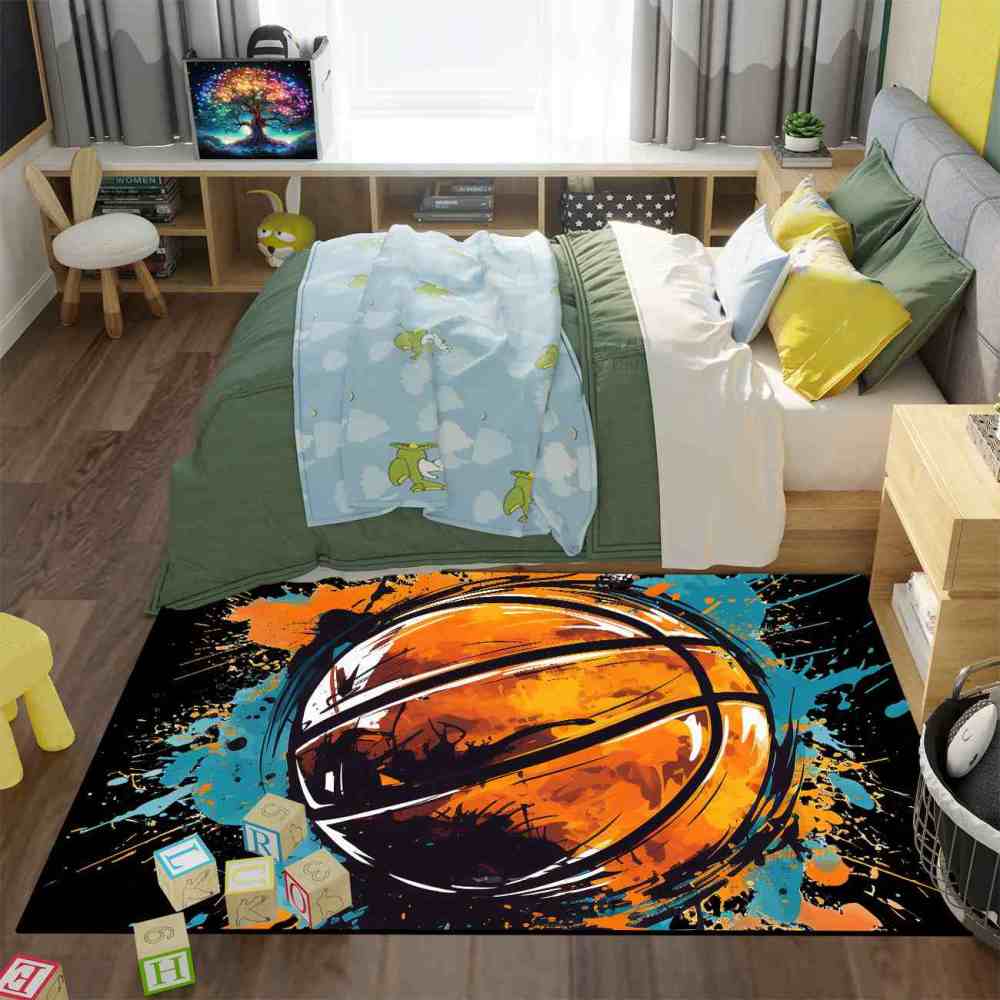 Graphic Novel Style Cyan Orange Basketball Playroom Rug Upgrade Ultra Non-Slip Backing | CozyLil
