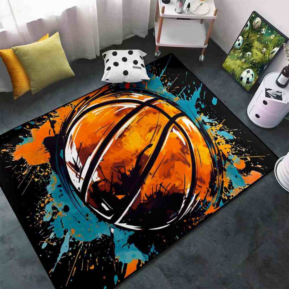 Graphic Novel Style Cyan Orange Basketball Playroom Rug Upgrade Ultra Non-Slip Backing | CozyLil