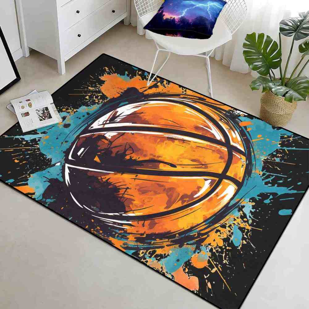 Graphic Novel Style Cyan Orange Basketball Playroom Rug Upgrade Ultra Non-Slip Backing | CozyLil