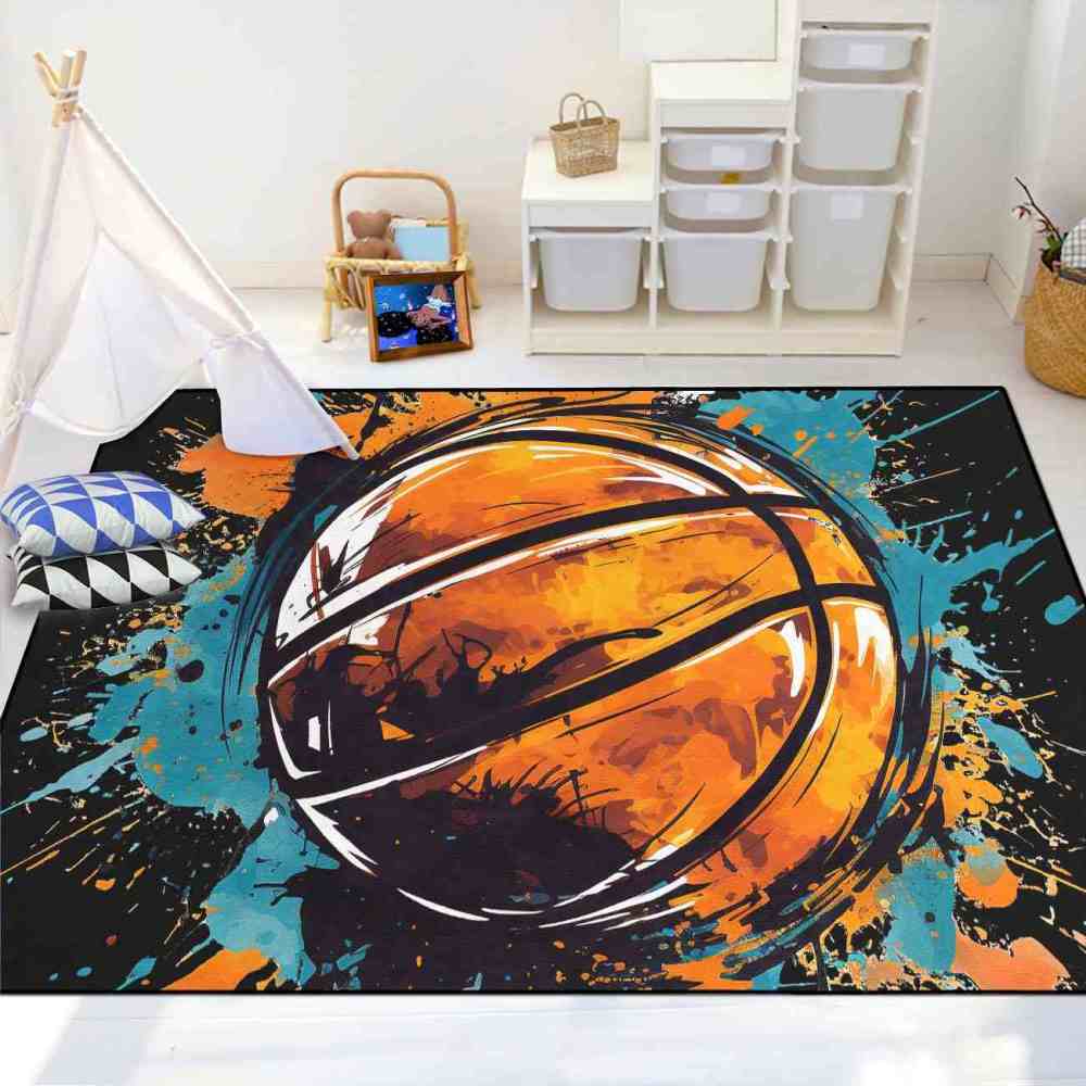Graphic Novel Style Cyan Orange Basketball Playroom Rug Upgrade Ultra Non-Slip Backing | CozyLil