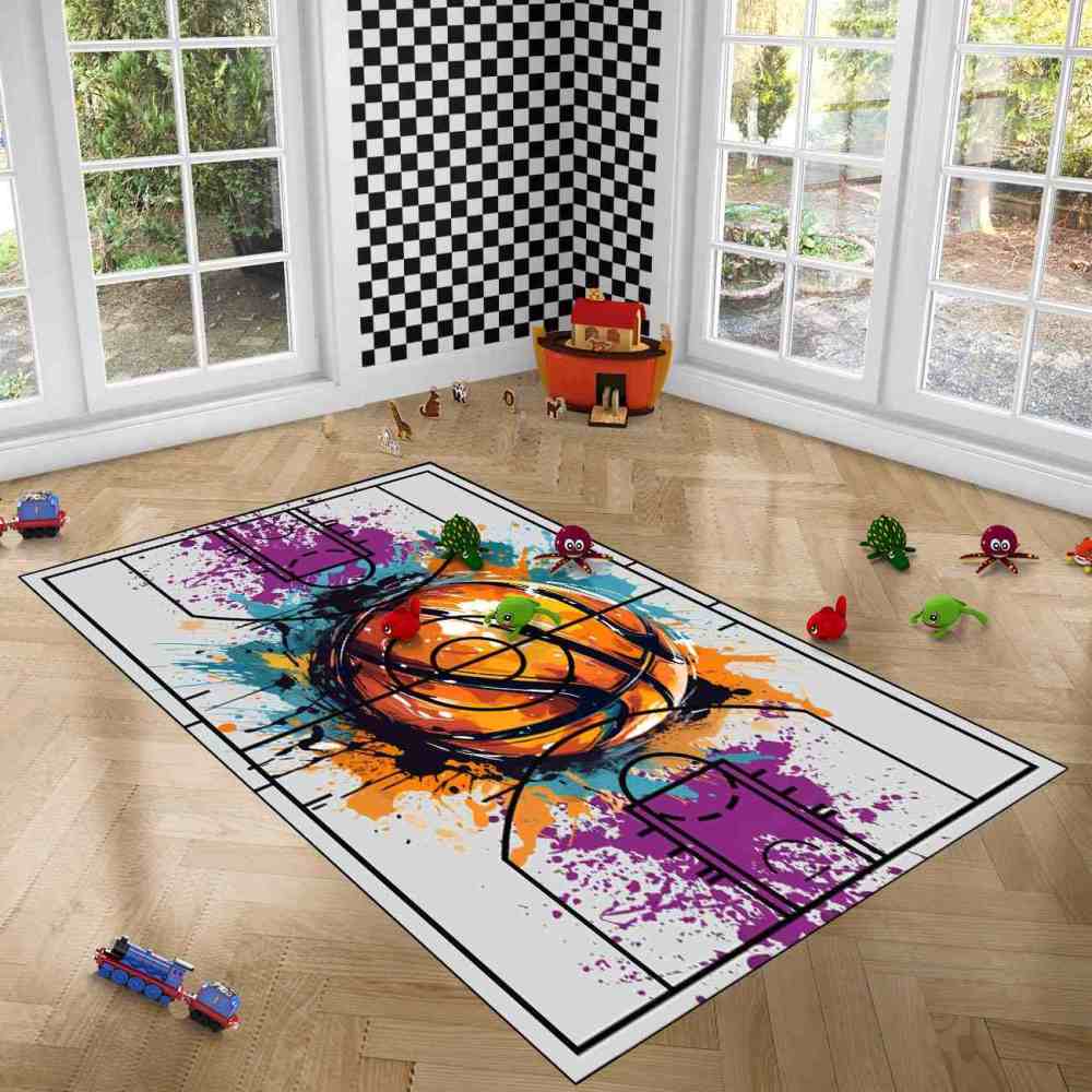 Abstract Basketball Court Layout Boys Room Floor Mat Upgrade Ultra Non-Slip Backing | CozyLil
