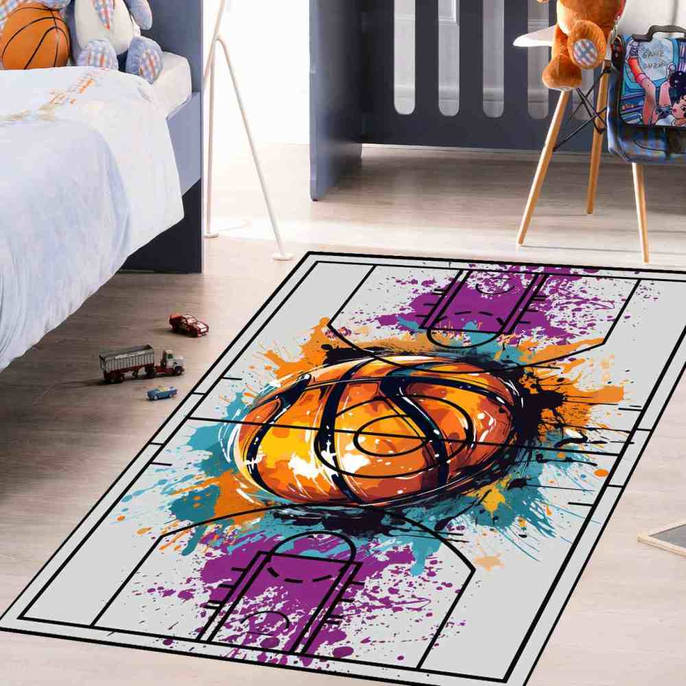 Abstract Basketball Court Layout Boys Room Floor Mat Upgrade Ultra Non-Slip Backing | CozyLil