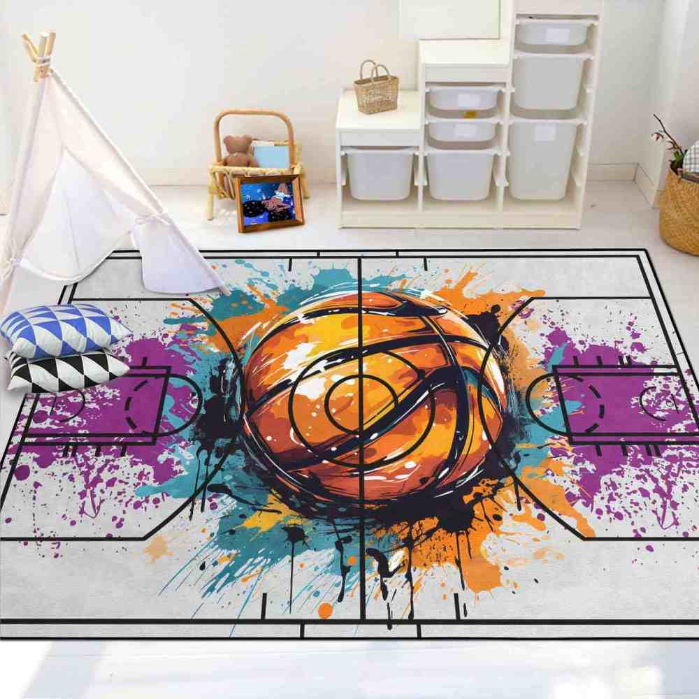 Abstract Basketball Court Layout Boys Room Floor Mat Upgrade Ultra Non-Slip Backing | CozyLil