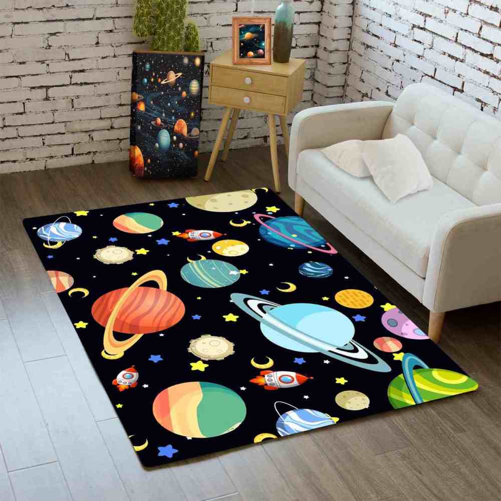 Playful Rockets & Moons Area Rug Cute Space Toddler Nursery | CozyLil