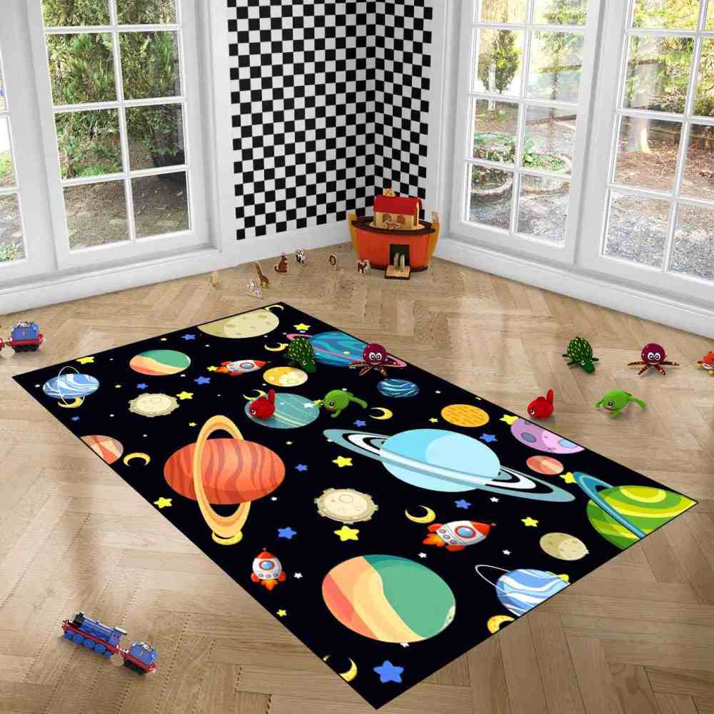 Playful Rockets & Moons Area Rug Cute Space Toddler Nursery | CozyLil