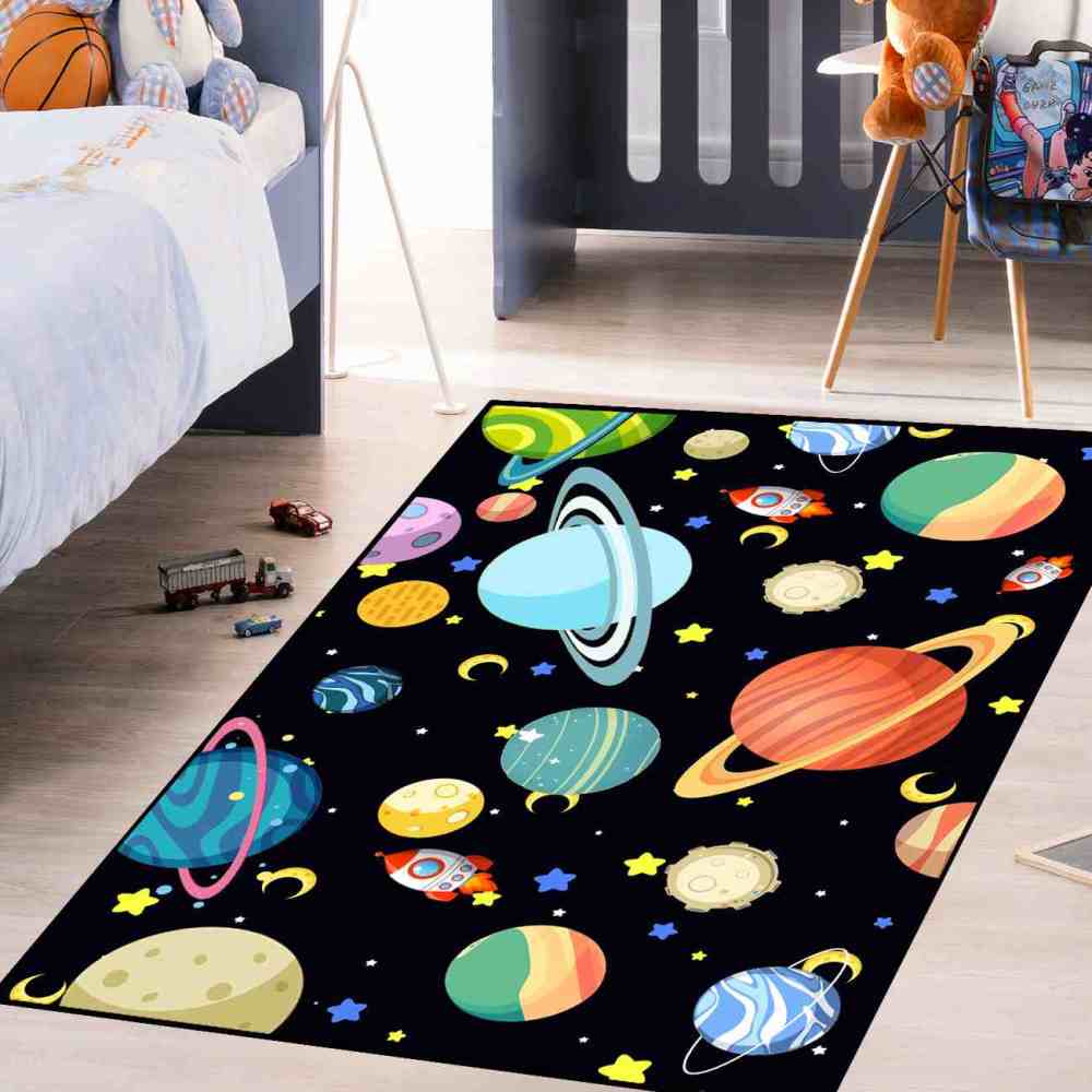 Playful Rockets & Moons Area Rug Cute Space Toddler Nursery | CozyLil