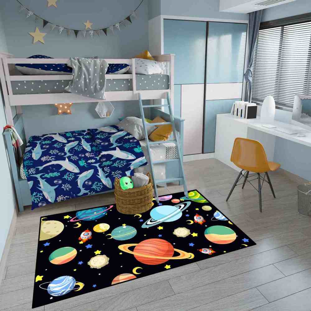 Playful Rockets & Moons Area Rug Cute Space Toddler Nursery | CozyLil