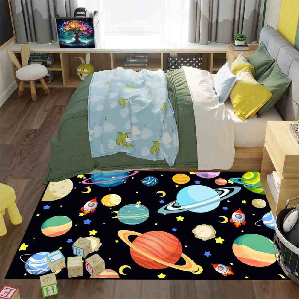 Playful Rockets & Moons Area Rug Cute Space Toddler Nursery | CozyLil