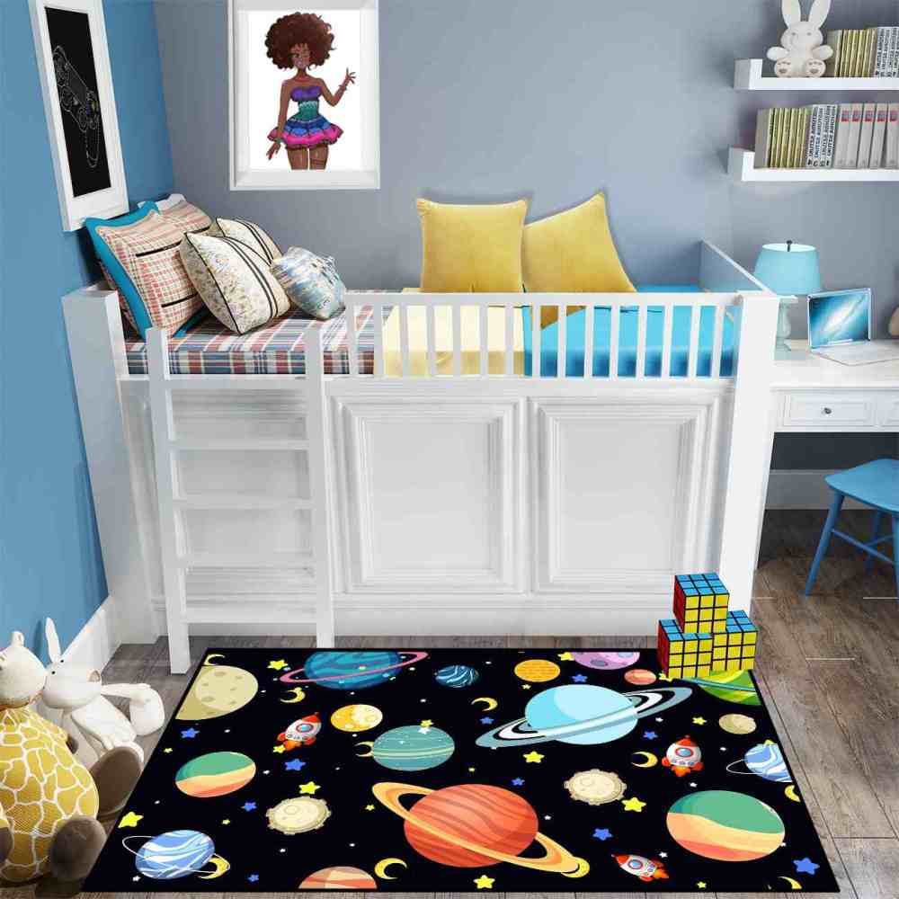 Playful Rockets & Moons Area Rug Cute Space Toddler Nursery | CozyLil