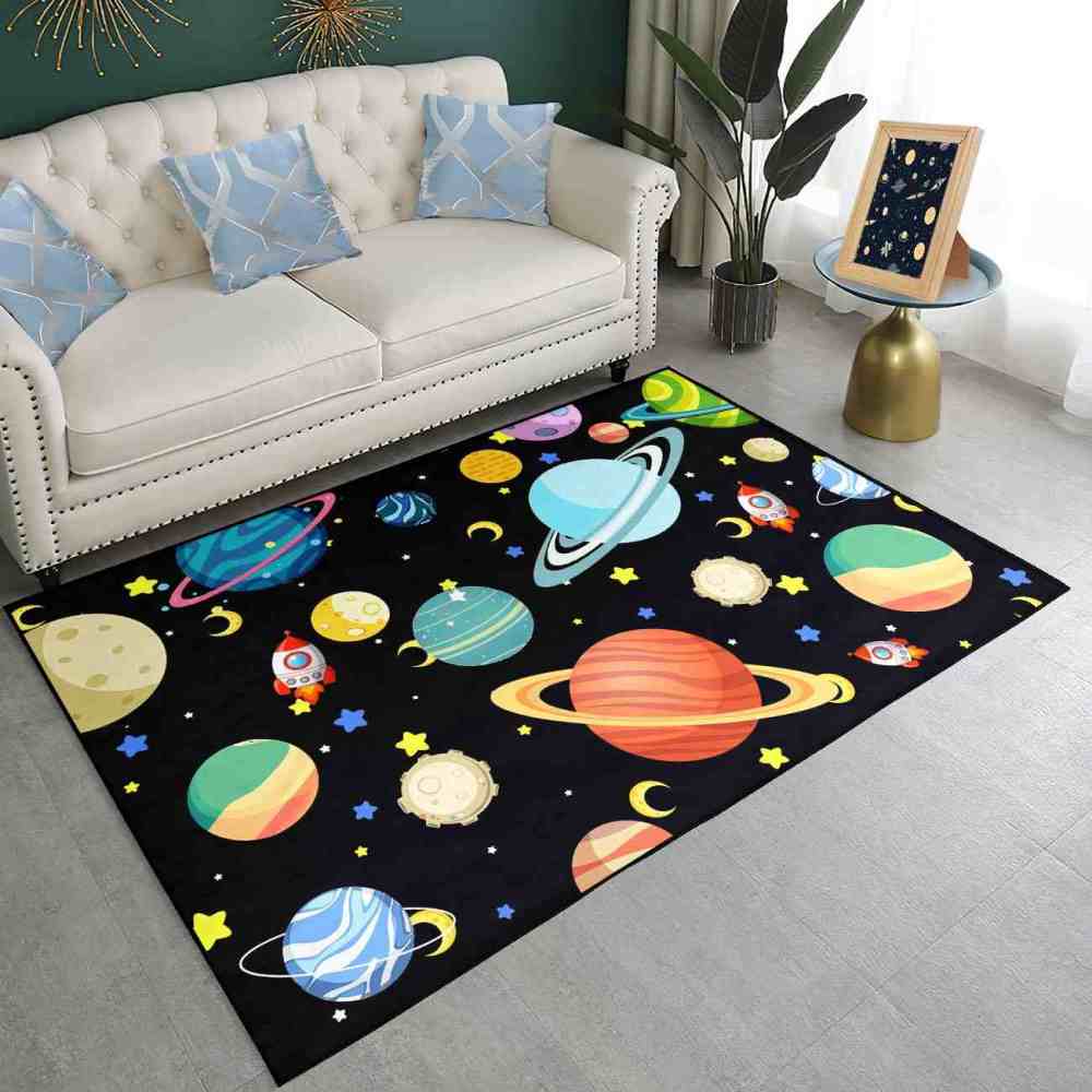 Playful Rockets & Moons Area Rug Cute Space Toddler Nursery | CozyLil