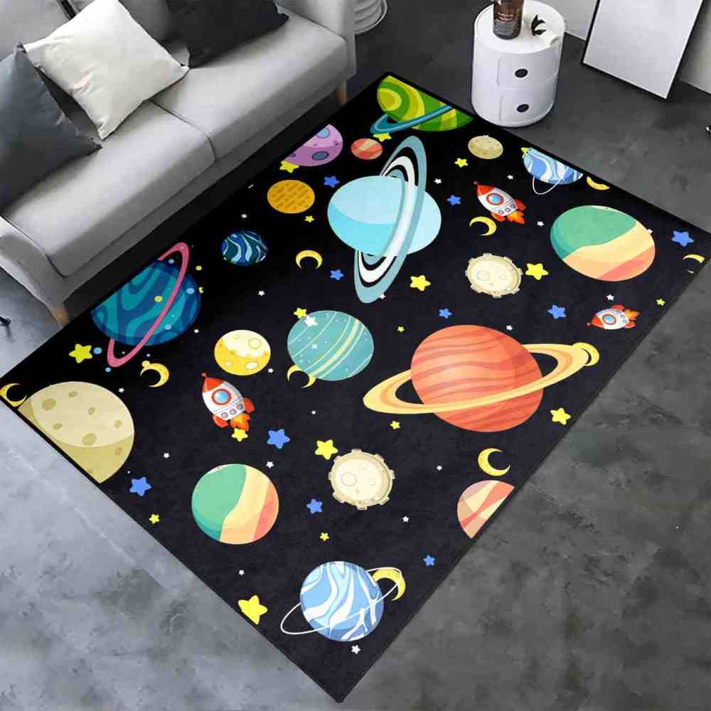 Playful Rockets & Moons Area Rug Cute Space Toddler Nursery | CozyLil