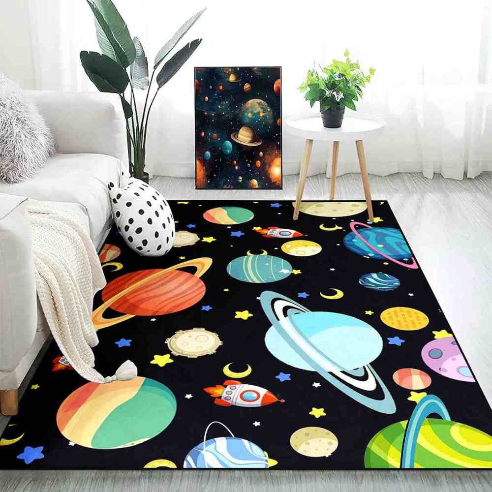 Playful Rockets & Moons Area Rug Cute Space Toddler Nursery | CozyLil
