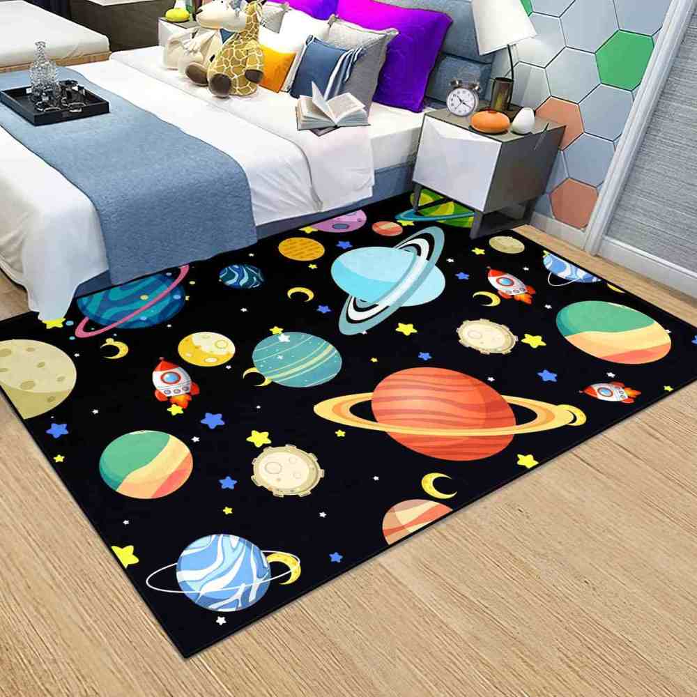 Playful Rockets & Moons Area Rug Cute Space Toddler Nursery | CozyLil
